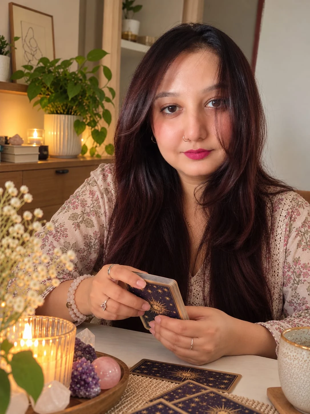 Anamika, tarot reader and mentor, holding a tarot deck at her reading table with candles and crystals